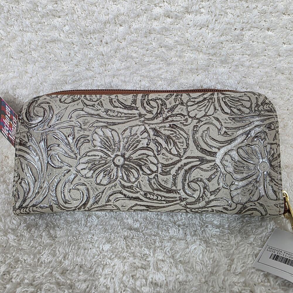Mexican Handmade Light Beige With Metallic Finish Floral Embossed Leather Wallet